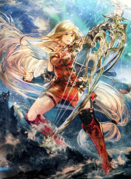 1girl absurdres armor blonde_hair boots bow_(weapon) breastplate breasts brigid_(fire_emblem) brown_boots fingerless_gloves fire_emblem fire_emblem:_genealogy_of_the_holy_war fire_emblem_cipher gloves green_eyes highres holding holding_bow_(weapon) holding_weapon long_hair medium_breasts nejita nintendo official_art scan solo thighs weapon yewfelle_(fire_emblem)