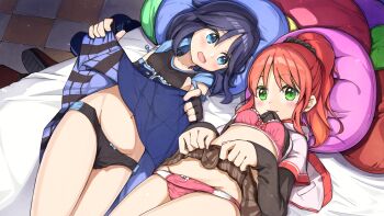 2girls absurdres black_gloves black_hair black_panties black_scrunchie black_shirt blue_eyes blue_skirt blush borrowed_character bow bow_bra bow_panties bra closed_mouth clothes_lift collarbone commentary_request commission fingerless_gloves gloves green_eyes grey_skirt groin hair_ornament hair_scrunchie head_on_pillow highres layered_sleeves lifting_own_clothes long_sleeves looking_at_another looking_at_viewer lying medium_hair multiple_girls navel negimiso1989 on_back open_mouth orange_hair original panties panty_pull parted_bangs pillow pink_bra pink_panties pleated_skirt ponytail raised_inner_eyebrows scrunchie shirt shirt_lift short_over_long_sleeves short_sleeves skirt underwear white_shirt