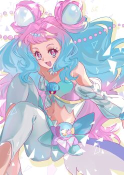 1girl absurdres aqua_shirt back_bow bag_bow bare_shoulders beads blue_bag blue_bow blue_hair blunt_bangs bow bowtie brooch circlet coattails collar crop_top cure_la_mer detached_collar detached_sleeves dot_nose double_bun drop_shadow eyelash_ornament eyelashes feet_out_of_frame frilled_shirt frills gradient_hair hair_beads hair_bun hair_intakes hair_ornament highres jewelry laura_la_mer light_blush long_hair long_sleeves magical_girl midriff multicolored_hair navel open_mouth pants pearl_hair_ornament pink_bag pink_eyes pink_hair pink_shirt precure puffy_long_sleeves puffy_sleeves red_bow red_bowtie shell_brooch shipu_(gassyumaron) shirt sitting smile solo sphere_hair_ornament star_(symbol) strapless strapless_shirt tareme triangle tropical-rouge!_precure two-tone_bag two-tone_hair two-tone_shirt vertical-striped_sleeves very_long_hair waist_bag wavy_hair white_background white_collar white_pants white_sleeves yellow_bow