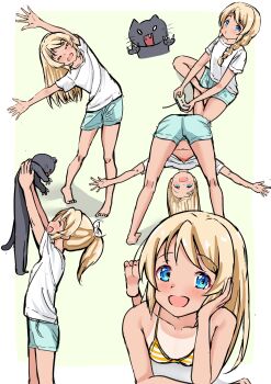 1girl absurdres animal barefoot bikini black_cat blonde_hair blue_eyes blush border braid cat choudai-sama closed_eyes controller dot_nose game_controller green_background green_shorts highres holding holding_animal holding_cat holding_controller indian_style long_hair looking_at_viewer lying multiple_views navel navel_peek on_stomach open_mouth original outside_border outstretched_arms ponytail shirt shorts sidelocks simple_background single_braid sitting smile solo striped_bikini striped_clothes swimsuit thighs top-down_bottom-up white_bikini white_border white_shirt