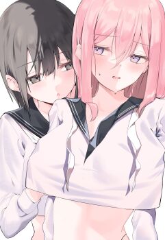 2girls absurdres black_eyes black_hair black_sailor_collar blush commentary_request crop_top crop_top_overhang cropped_shirt double-parted_bangs grabbing_another's_breast grabbing_from_behind groping hair_between_eyes highres long_bangs long_hair looking_to_the_side medium_hair multiple_girls neckerchief original pink_hair purple_eyes sailor_collar sailor_shirt school_uniform shirt simple_background straight_hair sweat tachibana_shiro undone_neckerchief upper_body white_background white_neckerchief white_shirt yuri