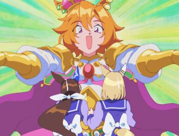 1990s_(style) 3girls admire_vega_(umamusume) animal_ear_piercing animal_ears aqua_background armor back_bow blonde_hair blue_sailor_collar blue_shirt blue_skirt bow bracer brown_hair cape chest_jewel corset crown dot_nose ear_covers ear_ornament emphasis_lines eyes_visible_through_hair fake_screenshot faux_retro_artstyle gem gold_corset hair_between_eyes happy highres horse_ears horse_girl horse_tail long_hair long_sleeves low_ponytail medium_hair mini_crown multiple_girls multiple_piercings narita_top_road_(umamusume) open_mouth orange_shirt outstretched_arms pauldrons pink_crown pink_skirt ponytail puffy_long_sleeves puffy_sleeves purple_cape purple_eyes red_gemstone retro_artstyle sailor_collar school_uniform shirt shoulder_armor sin_emu single_ear_cover skirt smile sweatdrop t.m._opera_o_(o_sole_suo!)_(umamusume) t.m._opera_o_(umamusume) tail tareme tracen_school_uniform umamusume umamusume:_road_to_the_top very_long_hair white_bow white_shirt winter_uniform