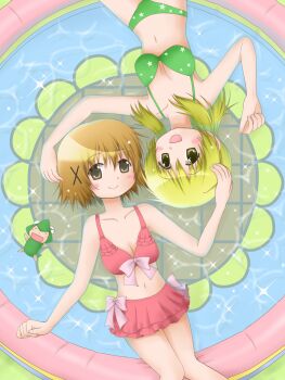 1other 2girls bikini blonde_hair blush breasts brown_eyes brown_hair closed_mouth collarbone day dot_nose hair_ornament hidamari_sketch highres inflatable_pool inflatable_toy legs medium_breasts medium_hair miyako_(hidamari_sketch) multiple_girls navel open_mouth outdoors pool star_(symbol) swimsuit ume-sensei x_hair_ornament yellow_eyes yuno_(hidamari_sketch) yunyan_s