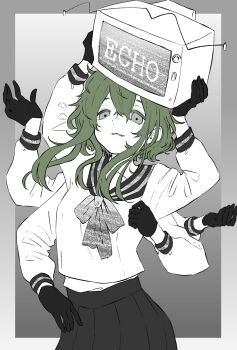 1girl alternate_eye_color crt echo_(vocaloid) extra_arms gloves green_hair grey_eyes gumi hair_between_eyes highres holding_television looking_at_viewer monochrome parted_lips pleated_skirt ruto_ruuuu school_uniform serafuku short_hair skirt solo song_name spot_color static tareme vocaloid