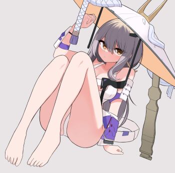 armor bebetang bodysuit breasts brown_eyes clothing_cutout goddess_of_victory:_nikke grey_hair hat highres hip_armor japanese_armor jingasa knees_up kote large_breasts large_hat leotard long_hair scarlet_(nikke) shoulder_armor sitting sode thighs white_bodysuit white_leotard