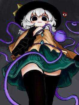 Rule 34 | 1girl, black eyes, black hat, black thighhighs, bow, buttons, commentary request, diamond button, empty eyes, eyeball, floral print, frilled sleeves, frills, green hair, green skirt, hat, hat bow, heart, heart of string, heripantomorrow, holding, holding knife, knife, komeiji koishi, long sleeves, looking at viewer, open mouth, print skirt, rose print, shirt, skirt, smile, solo, thighhighs, third eye, touhou, wide sleeves, yellow bow, yellow shirt