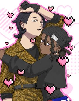 2boys alternate_costume alternate_hairstyle arm_above_head beanie belt black_gloves black_hair black_hat black_shirt blue_pants commentary_request crop_top dark-skinned_male dark_skin ear_piercing earrings gloves grey_belt grey_eyes hair_bun hand_on_another's_shoulder hat heart heart_background height_difference highres hug jacket jewelry jumpsuit lips looking_at_viewer male_focus multiple_boys naveen_(pokemon) nintendo outline paisley pants parted_lips partially_fingerless_gloves paxton_(pokemon) piercing pink_outline pixel_art_inset pixel_heart pokemon pokemon_legends:_z-a purple_eyes shirt three-quarter_sleeves triangle_earrings upper_body user_knfn7428 yaoi