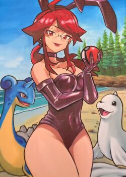 1girl bare_shoulders beach branch breasts cleavage dewgong gen_1_pokemon glasses highleg highleg_leotard joolztheartist lapras leotard lips long_hair lorelei_(pokemon) nintendo playboy_bunny poke_ball pokemon pokemon_lgpe rabbit_ears red_hair sand sleeveless water