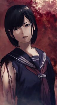 1girl black_eyes black_hair bleeding blood blue_shirt commentary_request gauss_<bokashi highres looking_to_the_side red_background red_lips red_sailor_collar sailor_collar sailor_shirt shimizu_hinako shirt short_hair silent_hill_(series) silent_hill_f solo standing