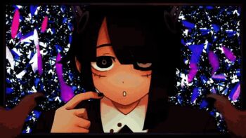 1other abstract_background ambiguous_gender android animated animated_gif black_hair black_nails black_sclera brown_sweater colored_sclera colorful_background confused cruormor four_eyes frankenx_(vocaloid) ghost_and_pals happy horns parody pointing pointing_at_self pov pov_hands qualia_automata reckless_battery_burns sad scene_reference screen sweater tail tamari_(team6x111) team6x111 yellow_eyes