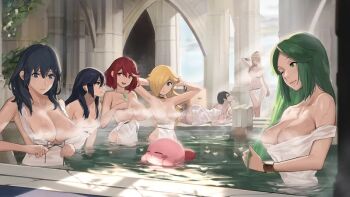 6+girls ;) aqua_eyes arch armpits arms_up ass bangle bare_shoulders bathhouse bathing bayonetta bayonetta_(series) black_eyes black_hair black_ribbon blonde_hair blue_eyes box bracelet breasts cardboard_box chest_jewel cleavage cleavage_cutout closed_eyes closed_mouth clothing_cutout collarbone convenient_censoring creature female_byleth_(fire_emblem) female_focus fire_emblem fire_emblem:_three_houses fire_emblem_awakening floating glasses green_eyes green_hair hair_over_one_eye hand_on_own_chest holding holding_own_hair j@ck jewelry kid_icarus kirby kirby_(series) large_breasts leaning_forward loincloth long_hair looking_at_viewer lucina_(fire_emblem) lying mario_(series) matching_hair/eyes medium_breasts metal_gear_(series) metroid multiple_girls naked_towel navel nintendo nipples one_eye_closed palutena partially_submerged petals petals_on_liquid pillar ponytail pyra_(xenoblade) red_eyes red_hair ribbon rosalina samus_aran see-through_clothes short_hair sleeveless small_breasts smile steam straight_hair strap_slip super_mario_galaxy super_smash_bros. super_smash_bros._logo swept_bangs towel very_long_hair water xenoblade_chronicles_(series) xenoblade_chronicles_2