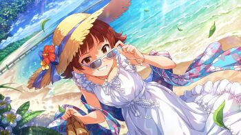 1girl adjusting_eyewear beach brown_eyes brown_hair commentary_request day dress dutch_angle falling_leaves flower game_cg grin hat hat_flower hibiscus holding holding_shoes holding_unworn_clothes idolmaster idolmaster_million_live! idolmaster_million_live!_theater_days leaf looking_at_viewer nonohara_akane official_art outdoors shoes short_hair smile solo standing straw_hat sun_hat sunglasses third-party_source unworn_shoes white-framed_eyewear white_dress