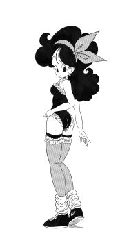 1girl absurdres bow commentary dragon_ball embarrassed english_commentary frills from_side full_body hair_bow highres leg_warmers lunch lunch_(dragon_ball) lunch_(good)_(dragon_ball) maid monochrome open_mouth ponytail profile roub3d screentones shoes simple_background sneakers solo standing surprised sweatdrop white_background