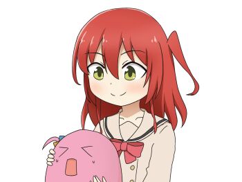 1girl animalization bocchi_the_rock! bow bowtie gotoh_hitori gotoh_hitori_(octopus) green_eyes highres kita_ikuyo long_hair nitarindx one_side_up rectangular_mouth red_bow red_bowtie red_hair sailor_collar sailor_shirt school_uniform serafuku shirt shuka_high_school_uniform side_ahoge smile upper_body white_shirt