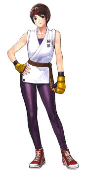 1girl breasts brown_eyes brown_hair dougi female_focus gloves hairband karate_gi leggings medium_breasts pants shoes skirt smile sneakers standing the_king_of_fighters thick_thighs thighs tight_clothes tight_pants yoga_pants yuri_sakazaki
