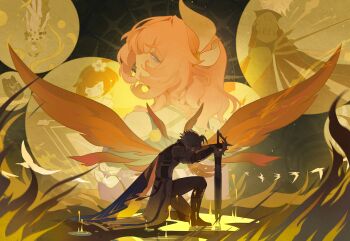 Rule 34 | 1boy, abstract background, absurdres, aglaea (honkai: star rail), ahoge, bird, blood, blood on ground, blue eyes, chinese commentary, commentary request, cyrene (honkai: star rail), cyrene (philia093) (honkai: star rail), dogebot, from side, hair ornament, highres, holding, holding sword, holding weapon, honkai: star rail, honkai (series), kneeling, male focus, mydei (honkai: star rail), phainon (honkai: star rail), pink hair, shade, sword, too many, too many birds, tribbie (honkai: star rail), wavy hair, weapon, wings, yellow background, yellow blood