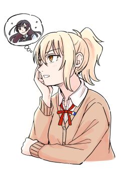 &gt;:) 0lkumabian 2girls absurdres black_hair blonde_hair brown_cardigan cardigan closed_mouth collared_shirt commentary_request cropped_torso dress_shirt grin highres imagining long_hair long_sleeves looking_up loose_neck_ribbon love_live! love_live!_nijigasaki_high_school_idol_club love_live!_nijigasaki_high_school_idol_club_the_movie_-_finale miyashita_ai multiple_girls neck_ribbon one_side_up orange_eyes profile red_ribbon ribbon shirt short_hair smile solo_focus sparkle upper_body v-shaped_eyebrows white_shirt winter_uniform yuki_setsuna