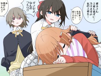 3girls :d black_jacket blue_eyes bow brown_hair cardigan collared_shirt commentary_request covering_with_clothes hair_bow hair_ornament hairclip half_updo highres holding holding_jacket holding_unworn_clothes jacket konoe_kanata long_hair long_sleeves love_live! love_live!_nijigasaki_high_school_idol_club miniskirt multiple_girls nakasu_kasumi neck_ribbon nijigasaki_school_uniform open_clothes open_jacket open_mouth orange_cardigan osaka_shizuku pink_eyes plaid_clothes plaid_skirt pleated_skirt red_bow ribbon school_uniform shiroimaru4869 shirt short_hair sidelocks skirt sleeping sleeping_on_desk smile speech_bubble sweater translation_request unworn_jacket white_shirt white_skirt winter_uniform yellow_ribbon yellow_sweater