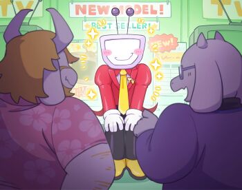 1girl 2boys ant_tenna asgore_dreemurr beard blonde_hair blush closed_mouth commentary_request deltarune dress english_text facial_hair floppy_ears glasses highres horns multiple_boys oimo64 open_mouth pink_shirt pointing pointing_at_another purple_dress shirt sitting smile toriel utdr_(toby_fox)