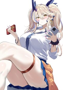 Rule 34 | 1girl, artoria pendragon (fate), artoria pendragon (lancer alter) (fate), blonde hair, blue hair, blue necktie, box, breasts, cardigan, cardigan around waist, cellphone, clothes around waist, commentary request, crossed legs, earrings, fate/grand order, fate (series), fingernails, gift, gift box, gyaru, hair between eyes, highres, holding, holding gift, holding phone, hoop earrings, jewelry, long hair, looking at viewer, multicolored hair, muunyan (yumenekoya), nail polish, necktie, orange cardigan, phone, plaid clothes, plaid necktie, school uniform, shirt, simple background, sitting, skirt, solo, twintails, two-tone hair, valentine, white background, white shirt, yellow eyes