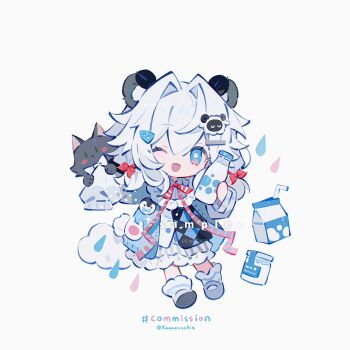 1girl ;d animal_ears bear_ears bear_girl blue_vest bottle chibi chibi_only commission double-parted_bangs dress drink_carton drinking_straw full_body grey_shoes hair_between_eyes hair_intakes highres holding holding_bottle kanae_(cookie) long_sleeves looking_at_viewer milk_bottle milk_carton one_eye_closed open_clothes open_mouth open_vest original shoes short_hair simple_background sleeves_past_fingers sleeves_past_wrists smile socks solo standing twitter_username vest white_background white_dress white_hair white_socks