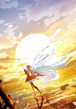 1girl alternate_hair_color beach cloud commentary constellation dress falling_leaves floating_hair from_side full_body gradient_sky hatsune_miku highres leaf long_hair makoron117117 ocean oversized_wings pink_hair red_dress reflection short_dress sky solo star_(sky) sun sunset very_long_hair vocaloid walking wings