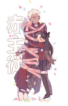 1boy 1girl =_= archer_(fate) armor black_hair black_skirt black_thighhighs blank_eyes blush_stickers bound confetti fate/stay_night fate_(series) highres hug long_hair machi_(uqyjee) no_mouth pleated_skirt red_armor red_sweater restrained skirt sweatdrop sweater thighhighs tied_up_(nonsexual) tohsaka_rin white_hair zettai_ryouiki