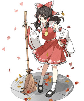 1girl ascot autumn_leaves black_shoes bow broom brown_eyes brown_hair commentary dated detached_sleeves falling_leaves frilled_bow frilled_hair_tubes frilled_skirt frills full_body hair_bow hair_tubes hakurei_reimu highres holding holding_broom leaf long_hair mary_janes red_bow red_skirt ribbon-trimmed_sleeves ribbon_trim shiinoki_eil shoes signature skirt skirt_set socks solo touhou white_socks yellow_ascot