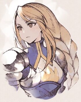1girl agrias_oaks armor blonde_hair braid breastplate breasts closed_mouth final_fantasy final_fantasy_tactics light_frown long_hair medium_breasts moshimoshibe parted_bangs pauldrons portrait shoulder_armor sidelocks single_braid solo swept_bangs upper_body yellow_eyes