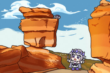 1girl 1other balanced_rock bing_huyue chest_jewel chibi cloud cloudy_sky colorado commentary english_commentary fork gem gem_hair_ornament hair_flaps highres holding holding_fork holding_knife hololive hololive_english knife koseki_bijou koseki_bijou_(1st_costume) long_hair pebble_(koseki_bijou) purple_eyes purple_gemstone purple_hair real_world_location simple_bird sky standing united_states virtual_youtuber