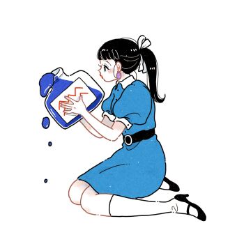 1girl aquarius_(symbol) belt belted_dress black_belt black_eyes black_hair black_shoes blue_dress blunt_bangs blush collared_dress colored_skin commentary dress earrings emamemamo33 fingernails from_side full_body high_heels highres holding inkwell jewelry kneehighs looking_at_object original ponytail ponytaill puffy_short_sleeves puffy_sleeves shoes short_sleeves simple_background sitting socks solo sphere_earrings wariza white_skin