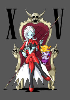 Rule 34 | 1boy, 1girl, absurdres, baby, bib, black bodysuit, blue skin, bodysuit, breasts, chair, clothing cutout, colored skin, commentary request, crossed legs, demon boy, demon girl, diaper, dragon ball, dragon ball online, dragon ball xenoverse, earrings, fingernails, fu (dragon ball), grey background, hat, high heels, highres, holding, holding staff, horned hat, jewelry, large breasts, long fingernails, makeup, mikidai7, mother and son, on chair, pacifier, pointy ears, potara earrings, purple eyes, purple lips, purple skin, red bodysuit, red eyes, red nails, red shoes, shoes, sitting, skull, sphere earrings, staff, stomach cutout, towa (dragon ball), underboob, underboob cutout, white hair, yellow hat