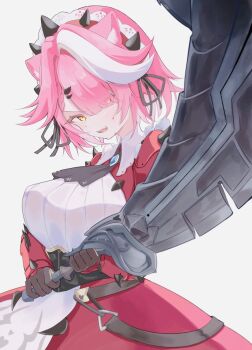 Rule 34 | 1girl, animal ears, breasts, commentary, cowboy shot, dress, english commentary, gloves, highres, holding, holding sword, holding weapon, hololive, hololive english, large breasts, multicolored hair, official alternate costume, panther ears, panther girl, pink dress, pink hair, raora panthera, raora panthera (rathalos), shiro mochi, simple background, solo, sword, two-tone hair, virtual youtuber, weapon, white background, white hair, yellow eyes
