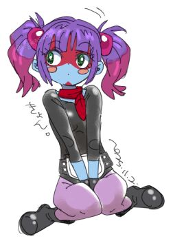 1girl arm_support black_gloves black_leotard breasts curvy full_body gloves gradient_hair green_eyes kamen_rider leotard long_hair multicolored_hair pantyhose purple_hair sitting solo toujima_tanzaburou_wa_kamen_rider_ni_naritai translation_request twintails wide_hips yukarisu