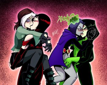 4girls absurdres angry angry_kiss artist_name asymmetrical_gloves bare_legs bare_shoulders belt black_bodysuit black_dress black_eyes black_gloves black_hair black_leotard blush bodysuit boots bracelet brandon_santiago breasts bridal_gauntlets brown_hair cape carrying cloak closed_eyes colored_bangs colored_sclera colored_skin commission commissioner_upload dc_comics dress eyeshadow fire flaming_hand forehead_jewel french_kiss gloves goth_fashion green_bodysuit green_eyes green_fire green_gloves green_sclera green_skin grey_skin hand_on_another's_ass hand_on_another's_head highres jewelry kim_possible_(series) kiss ko-fi_commission leotard long_hair makeup marvel medium_breasts mismatched_gloves multicolored_bodysuit multicolored_hair multiple_girls pantyhose purple_cape purple_cloak purple_eyeshadow purple_hair purple_lips raven_(dc) red_lips red_nails rogue_(x-men) scooby-doo scooby-doo_and_the_witch's_ghost see-through_clothes see-through_shirt shego shirt short_hair skirt sleeved_leotard superhero_costume tank_top teen_titans thighs thorn_(scooby-doo) tongue tongue_out two-tone_bodysuit two-tone_hair umbrakinesis undershirt x-men x-men_evolution yuri