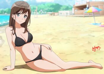 Rule 34 | 1girl, barefoot, beach, beach umbrella, bikini, black bikini, blue eyes, blue sky, breasts, brown hair, cleavage, cloud, commentary request, dated, day, full body, hibike! euphonium, kuroe mayu, long hair, lowleg, lowleg bikini, medium breasts, outdoors, sakayaya, signature, sitting, sky, solo, swimsuit, umbrella, yokozuwari