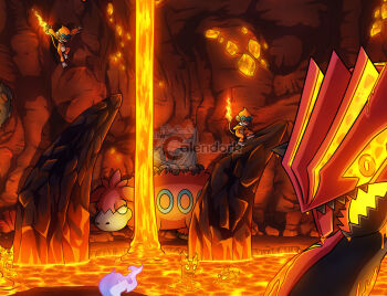 Rule 34 | artist name, camerupt, commentary, crystal, ditto, english commentary, fire, flame-tipped tail, gen 1 pokemon, gen 2 pokemon, gen 3 pokemon, gen 4 pokemon, glowing, groudon, highres, lava, lava bath, legendary pokemon, monferno, nintendo, no humans, nostrils, orange eyes, pokemon, pokemon (creature), pokemon focus, primal groudon, slugma, tail, thecalendork, transformed ditto, watermark, yellow pupils