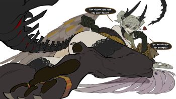 Rule 34 | 1girl, animal feet, arm support, artist name, ass, bare shoulders, bird wings, black collar, black fur, black horns, black robe, black scales, black skin, black tail, body fur, bone tail, bracelet, clenched hand, collar, colored skin, commentary, crossed bangs, demon girl, demon horns, demon tail, demon wings, detached collar, diamond hair ornament, double-parted bangs, ear piercing, earrings, english text, eyeshadow, fate/grand order, fate (series), feathers, feet out of frame, fingernails, from below, full body, fur-trimmed robe, fur trim, gold bracelet, gold ring, gold scales, gold snake, golden feathers, golden wings, gradient hair, gradient skin, green eyes, green hair, grey eyeshadow, grey feathers, grey lips, grey nails, grey wings, grin, hair around horn, hair between eyes, hand on own cheek, hand on own face, heart, highres, horns, huge horns, jewelry, lace, lace-trimmed legwear, lace-trimmed robe, lace trim, leg fur, lilith (fate), lilith (third ascension) (fate), long hair, long horns, long sleeves, lying, makeup, mature female, multicolored hair, multiple piercings, multiple rings, nail polish, on side, open clothes, open robe, pale skin, pawpads, piercing, pink hair, pointy ears, portuguese commentary, portuguese text, puffy long sleeves, puffy sleeves, ring, robe, savadava, seductive smile, see-through clothes, see-through robe, see-through sleeves, sharp fingernails, simple background, skeletal bracelet, skeletal tail, skull, slit pupils, smile, snake, snake wrapped around arm, solo, speech bubble, spiked ear piercing, stomach tattoo, swept bangs, tail, tattoo, tattoo between breasts, thighs, thought bubble, toe claws, toe ring, two-tone hair, two-tone wings, very long hair, very long robe, very long tail, white background, wings