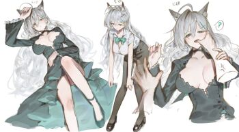 ? ahoge animal_ear_fluff animal_ears black_choker black_dress black_pantyhose blue_archive blue_eyes choker commentary_request cross dark_halo dress extra_ears finger_in_another's_mouth grey_hair halo highres inverted_cross long_hair lunifish lying mismatched_pupils on_back pantyhose shiroko_terror_(blue_archive) skirt white_background wolf_ears wolf_girl