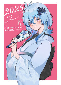 1010_(wuthering1010) 1girl 2026 absurdres black_flower blake_bloom_(wuthering_waves) blue_hair blue_kimono blush border closed_mouth colored_eyelashes commentary_request flower hair_between_eyes hair_flower hair_ornament highres holding japanese_clothes kimono long_hair looking_at_viewer outside_border pink_background purple_eyes shorekeeper_(wuthering_waves) smile solo translation_request white_border wuthering_waves