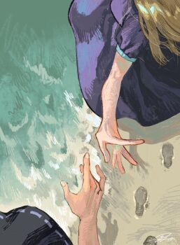 Rule 34 | 2girls, beach, blonde hair, commentary request, dress, footprints, from above, hand focus, highres, kz m i, long sleeves, maribel hearn, multiple girls, ocean, sand, short sleeves, signature, touhou, usami renko, water