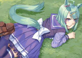 Rule 34 | 1girl, ahoge, animal ears, aqua hair, blush, bow, bowtie, closed mouth, commentary request, earclip, grass, gwsscz, hair ornament, hairclip, horse ears, horse girl, horse tail, looking at viewer, lying, medium hair, miri (ago550421), on stomach, pleated skirt, purple eyes, purple sailor collar, purple serafuku, purple shirt, purple skirt, purple thighhighs, sailor collar, sailor shirt, school uniform, serafuku, shirt, shoes, skirt, sugar lights (umamusume), tail, thighhighs, tracen school uniform, umamusume, white bow, white bowtie