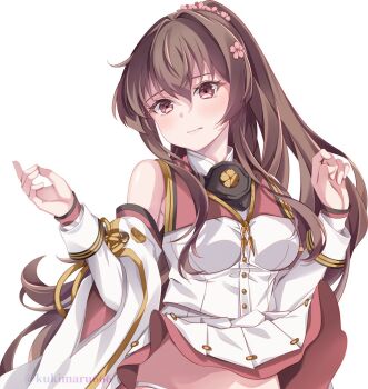 Rule 34 | 1girl, brown eyes, brown hair, collar, commentary request, detached sleeves, flower, hair flower, hair ornament, kantai collection, kukimaru, metal collar, out-of-frame censoring, panties, ponytail, red collar, simple background, skirt, solo, underwear, white background, white panties, white skirt, wind, wind lift, yamato (kancolle), yamato kai ni (kancolle)