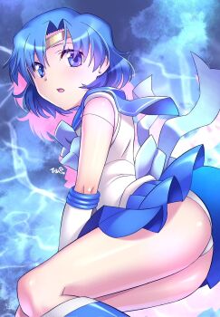 1girl ass back_bow bishoujo_senshi_sailor_moon blue_choker blue_eyes blue_hair blue_sailor_collar blue_skirt boots bow choker earrings elbow_gloves gloves highres himehachi_(hime8manga) jewelry open_mouth panties pantyshot sailor_collar sailor_mercury sailor_senshi_uniform short_hair skirt smile solo underwear white_gloves white_panties