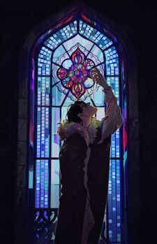 bags_under_eyes black_hair black_jacket blurry bokeh bungou_stray_dogs cross depth_of_field dim_lighting exhausted from_side fur_collar fyodor_dostoyevsky_(bungou_stray_dogs) hand_up hashtag-only_commentary highres holding holding_cross indoors jacket leaning_forward lens_flare sadbuttruedog02 shirt short_hair stained_glass white_shirt
