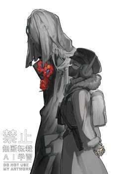 Rule 34 | 1boy, 1girl, ^ ^, absurdres, arms behind back, azumame tetora, backpack, bag, candy, charon (reverse:1999), closed eyes, coat, covered face, earmuffs, flower, food, from side, fur-trimmed coat, fur trim, goggles, goggles on headwear, greyscale, hashtag-only commentary, hat, highres, holding, holding candy, holding food, mask, merel (reverse:1999), monochrome, mouth mask, newsboy cap, own hands together, poppy (flower), red flower, reverse:1999, spot color, upper body, veil, watermark, white background