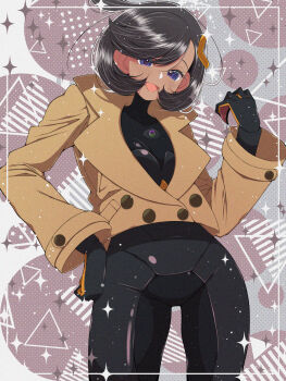 1girl black_bodysuit black_hair bodysuit brown_jacket commentary_request dark-skinned_female dark_skin emma_(pokemon) fujiwara_hiro_(kaede_ciao) hand_on_own_hip highres jacket looking_at_viewer nintendo open_mouth pokemon pokemon_legends:_z-a purple_eyes short_hair skin_tight solo standing