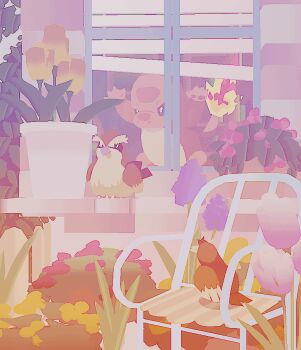 3d animal_focus animated animated_gif bird black_eyes blender_(medium) blinders bright_pupils bush chair charmander commentary english_commentary fire flame-tipped_tail flower gen_1_pokemon kcamberart lawn_chair looking_at_another looking_through_window low_poly nintendo no_humans on_chair on_windowsill outdoors pidgey pink_flower pink_tulip plant pokemon pokemon_(creature) potted_plant purple_flower solo_focus tail tulip white_pupils yellow_flower yellow_tulip