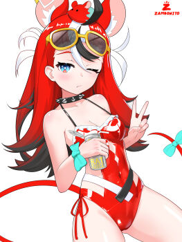 1girl absurdres animal_ears black_hair blue_eyes bow breasts can casual_one-piece_swimsuit cleavage closed_mouth collar colored_tips commentary covered_navel cowboy_shot dice_hair_ornament english_commentary eyewear_on_head frilled_one-piece_swimsuit frills hair_between_eyes hair_ornament hakos_baelz hakos_baelz_(holonatsu_paradise) highres holding holding_can hololive hololive_english long_hair looking_at_viewer medium_breasts mouse_ears mouse_girl mouse_on_head mouse_tail multicolored_hair official_alternate_costume one-piece_swimsuit one_eye_closed red_hair red_one-piece_swimsuit side-tie_one-piece_swimsuit simple_background solo spiked_collar spikes streaked_hair sunglasses swimsuit tail tail_bow tail_ornament v virtual_youtuber white_background white_hair zambonito