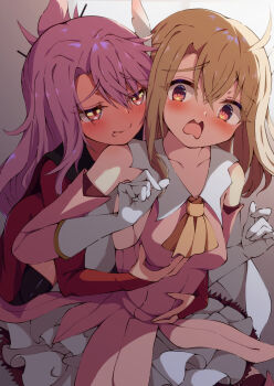 2girls ascot bare_shoulders blonde_hair blush breasts bridal_gauntlets cape chloe_von_einzbern chloe_von_einzbern_(archer_install) commentary_request dark-skinned_female dark_skin dress elbow_gloves fate/kaleid_liner_prisma_illya fate_(series) feather_hair_ornament feathers gloves grabbing_another&#039;s_breast groping hair_bun hair_ornament hairpin half_updo highres illyasviel_von_einzbern layered_gloves long_hair long_sleeves multiple_girls open_mouth orange_eyes peisuto pink_dress pink_gloves pink_hair prisma_illya red_cape red_eyes red_shrug shrug_(clothing) sidelocks skirt small_breasts two_side_up white_cape white_gloves white_skirt